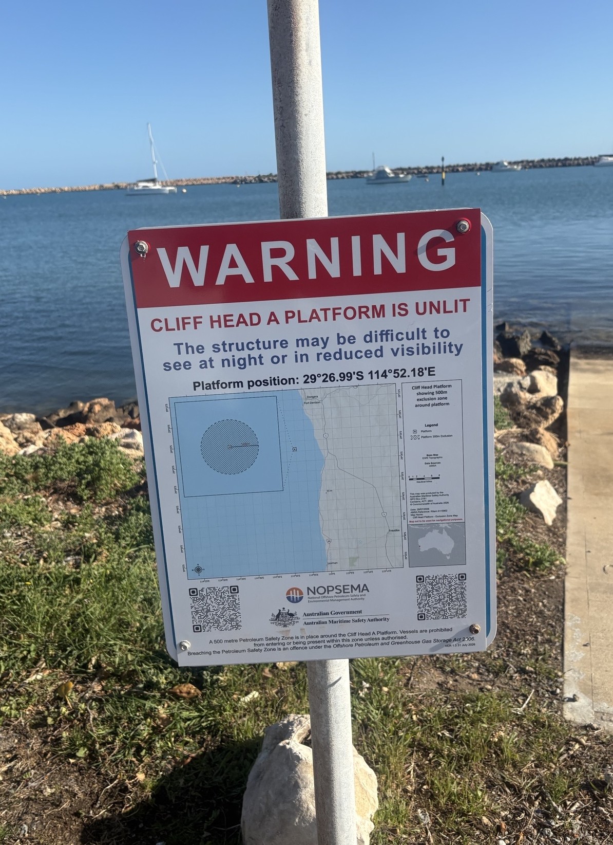 NOPSEMA warning sign on unlit Cliff Head A Platform 